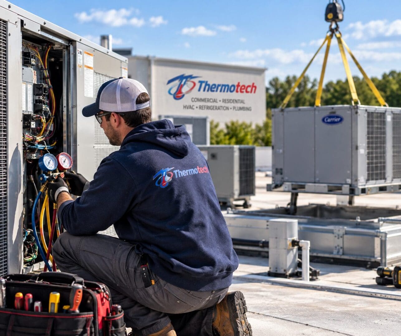 Technician servicing rooftop HVAC unit