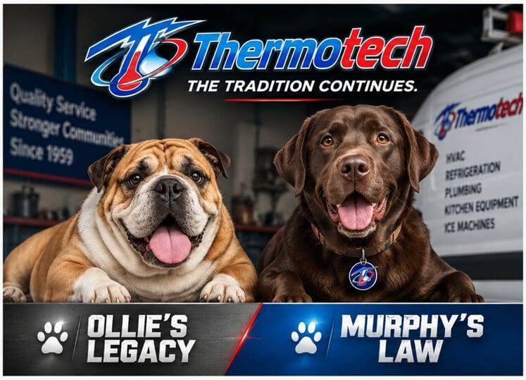 Bulldog and chocolate lab in Thermotech ad